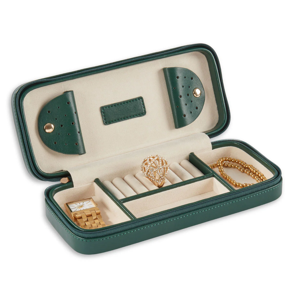Green Leather Diamond Quilt Design Travel Jewelry Case